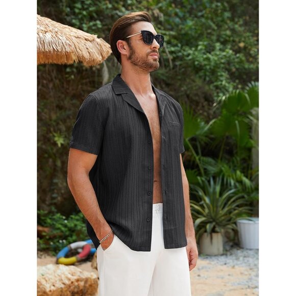 Men Black Casual Cuban Lightweight Short Sleeve Button Down Shirt Textured Beach - Picture 5 of 6
